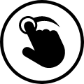 A black silhouette icon of a hand making a swiping motion, represented by an arc over the index finger, all contained within a black circle