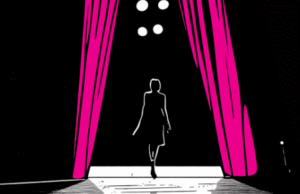 Silhouette of a woman walking through open pink stage curtains under spotlights, on a dark background.