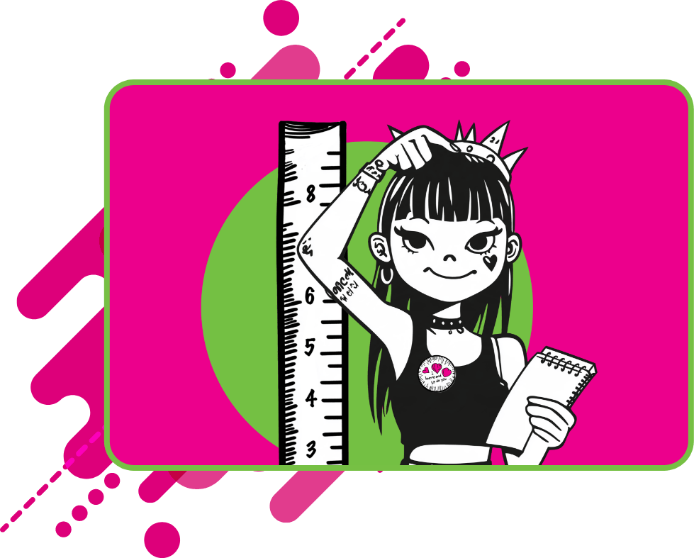 Illustration of a girl with dark hair, a heart tattoo, and a pin-covered top holding a notepad beside a large ruler, set against a green circle and pink rectangle background