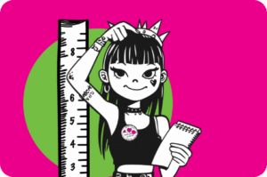 Illustration of a girl with dark hair, a heart tattoo, and a pin-covered top holding a notepad beside a large ruler, set against a green circle and pink rectangle background
